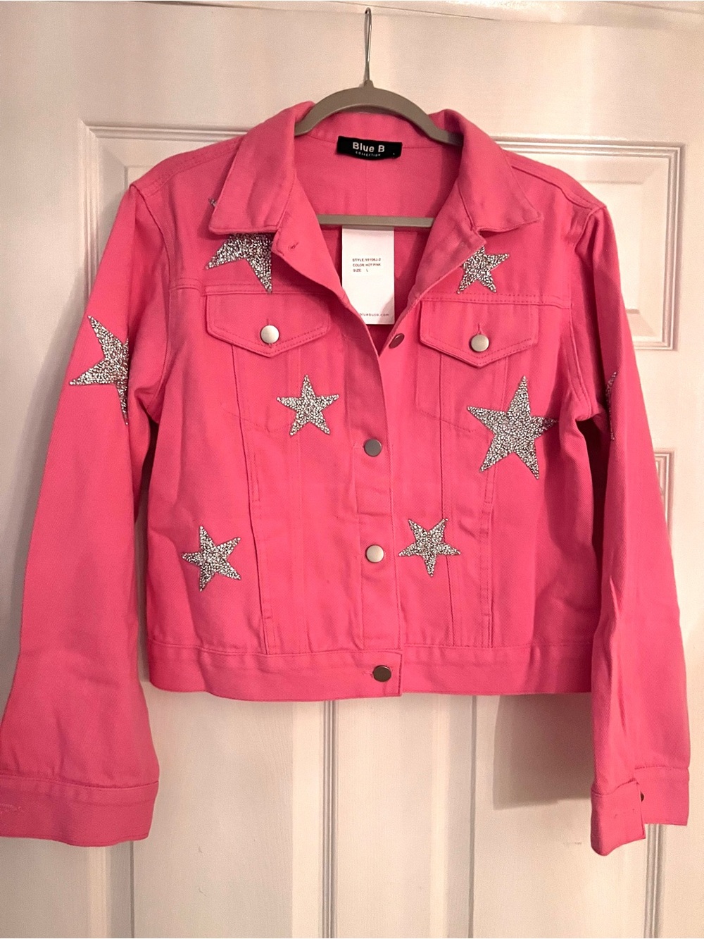 NEW Blue B. Pink Denim Jacket Glitter Silver Stars. Sz Large. Pockets.
